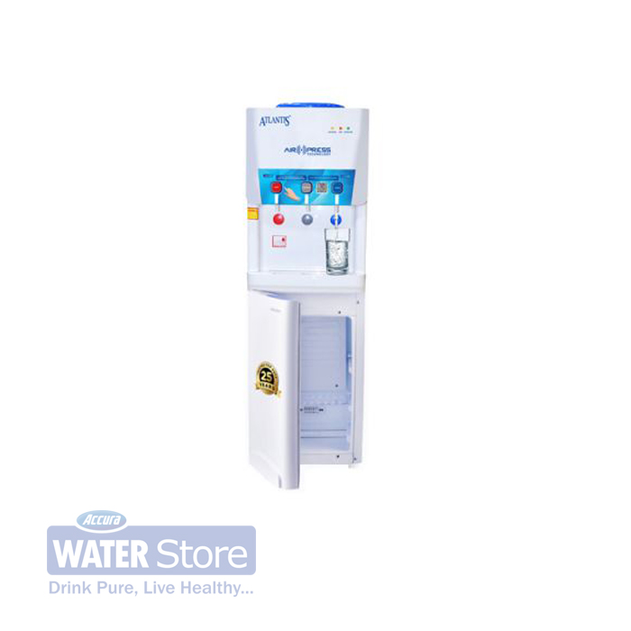 ATLANTIS: Air Press Touchless Hot Normal and Cold Floor Standing Water Dispenser with Cooling Cabinet (fridge)